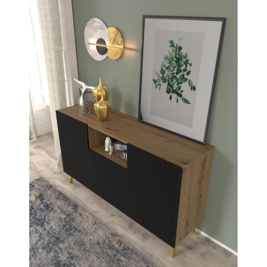Sideboard RAVENNA PB 150 cm, 2 doors and a niche, artisan oak with black matt, golden legs