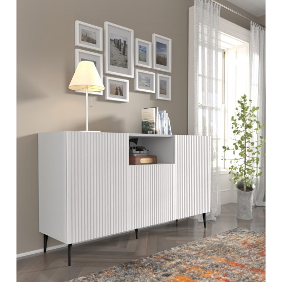 Sideboard RAVENNA PB 150 cm, 2 doors and a niche, white matt, black metal legs