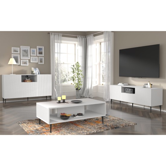 Sideboard RAVENNA PB 150 cm, 2 doors and a niche, white matt, black metal legs
