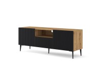 TV unit RAVENNA PB 150 cm, 2 doors and a drawer, artisan oak with black matt, black metal legs