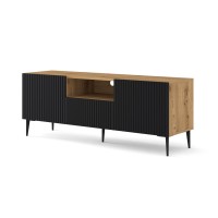 TV unit RAVENNA PB 150 cm, 2 doors and a drawer, artisan oak with black matt, black metal legs