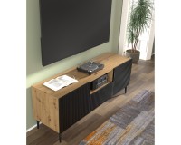 TV unit RAVENNA PB 150 cm, 2 doors and a drawer, artisan oak with black matt, black metal legs