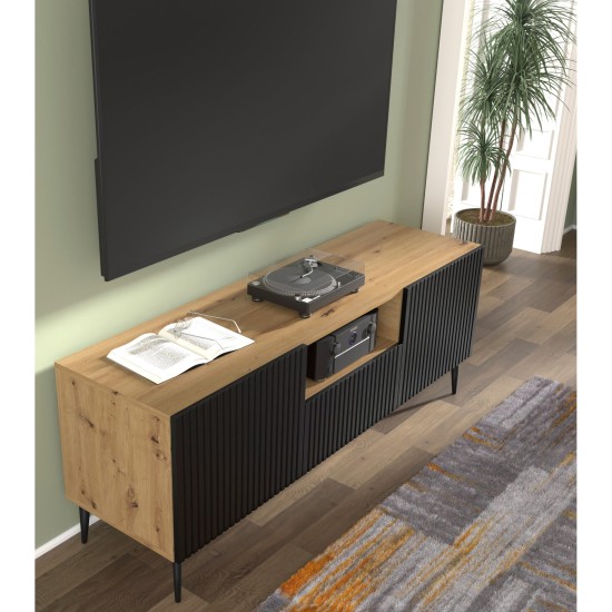 TV unit RAVENNA PB 150 cm, 2 doors and a drawer, artisan oak with black matt, black metal legs