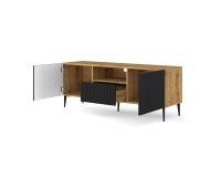 TV unit RAVENNA PB 150 cm, 2 doors and a drawer, artisan oak with black matt, black metal legs