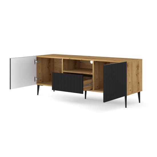 TV unit RAVENNA PB 150 cm, 2 doors and a drawer, artisan oak with black matt, black metal legs