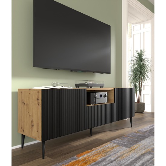 Тумба ТВ RAVENNA PB 150 см, 2 двери и ящик, дуб артисан с чёрным матовым, чёрные металлические ножки
