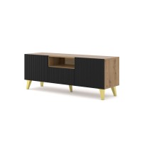 TV unit RAVENNA PB 150 cm, 2 doors and a drawer, artisan oak with black matt, golden legs