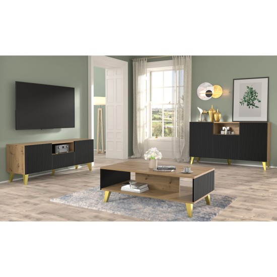 TV unit RAVENNA PB 150 cm, 2 doors and a drawer, artisan oak with black matt, golden legs