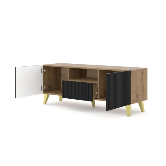 TV unit RAVENNA PB 150 cm, 2 doors and a drawer, artisan oak with black matt, golden legs