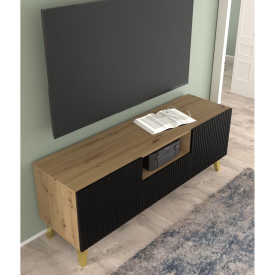 Тумба ТВ RAVENNA PB 150 см, 2 двери и ящик, дуб артисан с чёрным матовым, золотые ножки