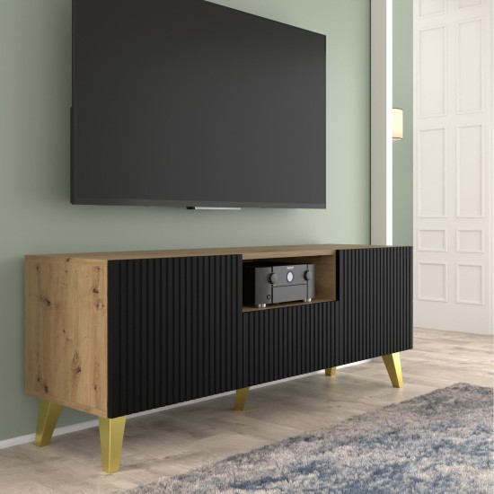 Тумба ТВ RAVENNA PB 150 см, 2 двери и ящик, дуб артисан с чёрным матовым, золотые ножки