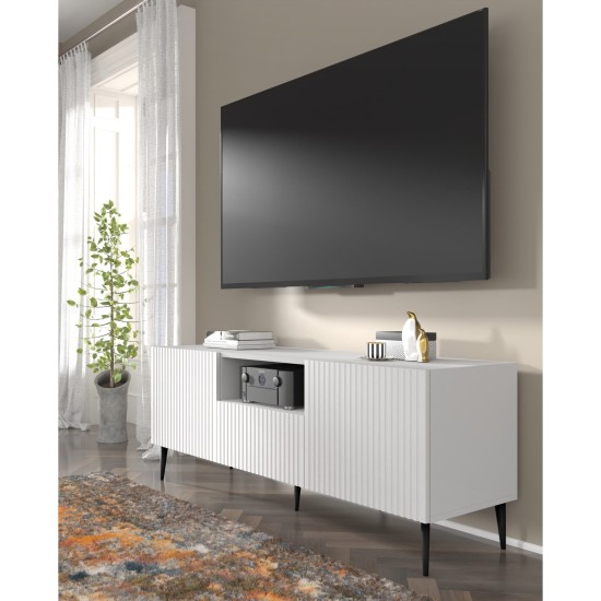 TV unit RAVENNA PB 150 cm, 2 doors and a drawer, white matt, black metal legs