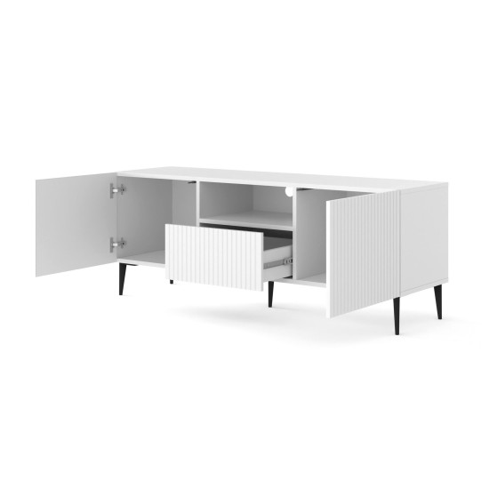 TV unit RAVENNA PB 150 cm, 2 doors and a drawer, white matt, black metal legs