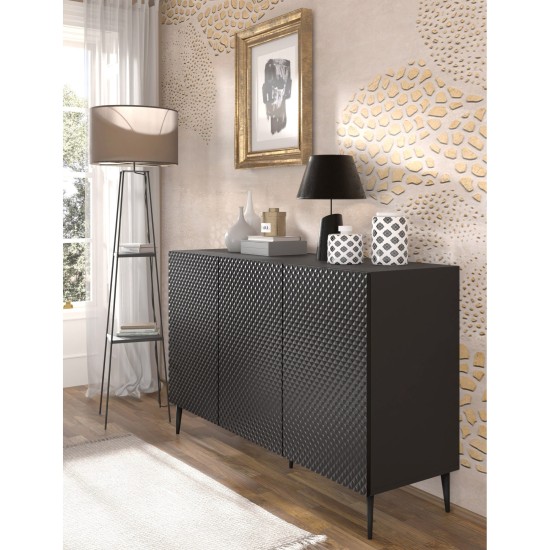 Sideboard RAVENNA PC 150 cm, 3 doors, black matt with black gloss, black metal legs Sideboard RAVENNA PC 150 cm, 3 doors, black matt with black gloss, black metal legs