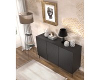 Sideboard RAVENNA PC 150 cm, 3 doors, black matt with black gloss, black metal legs Sideboard RAVENNA PC 150 cm, 3 doors, black matt with black gloss, black metal legs