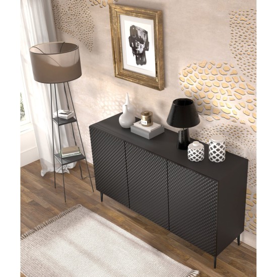 Sideboard RAVENNA PC 150 cm, 3 doors, black matt with black gloss, black metal legs Sideboard RAVENNA PC 150 cm, 3 doors, black matt with black gloss, black metal legs