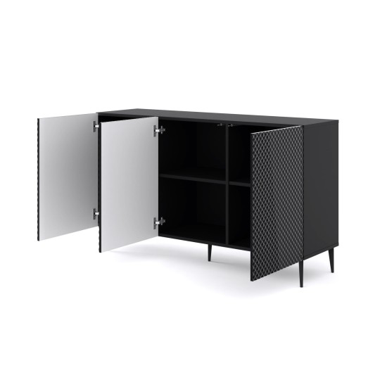 Sideboard RAVENNA PC 150 cm, 3 doors, black matt with black gloss, black metal legs Sideboard RAVENNA PC 150 cm, 3 doors, black matt with black gloss, black metal legs