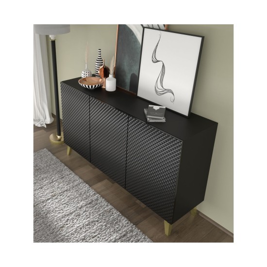 שידה RAVENNA PC 150, שלוש דלתות, שחור מט עם שחור מבריק, רגליים זהב