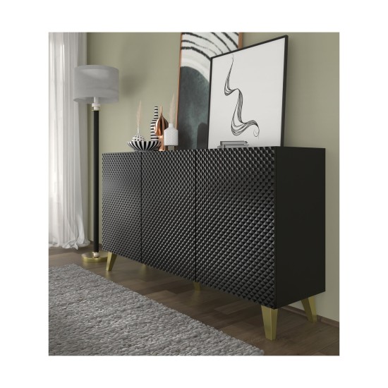 Комод RAVENNA PC 150 см, 3 двери, чёрный матовый с чёрным глянцем, золотые ножки