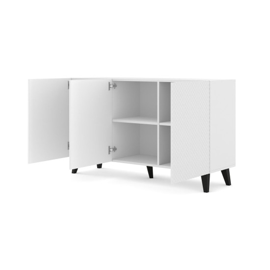 Sideboard RAVENNA PC 150 cm, 3 doors, white matt with white gloss, black legs