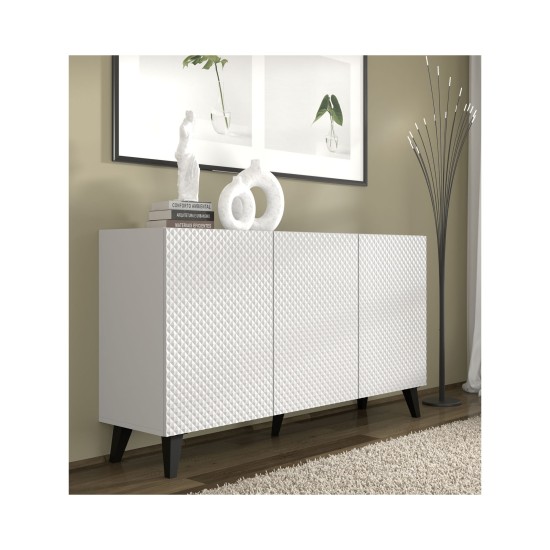 Sideboard RAVENNA PC 150 cm, 3 doors, white matt with white gloss, black legs