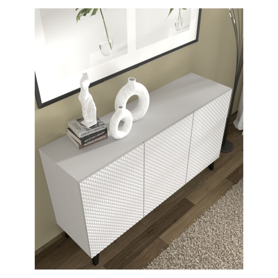 Sideboard RAVENNA PC 150 cm, 3 doors, white matt with white gloss, black legs