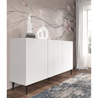 Комод RAVENNA PC 150 см, 3 двери, белый матовый с белым глянцем, чёрные металлические ножки