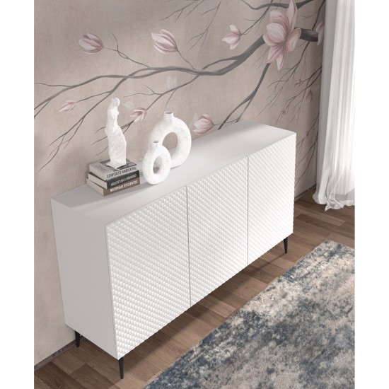 Комод RAVENNA PC 150 см, 3 двери, белый матовый с белым глянцем, чёрные металлические ножки Комод RAVENNA PC 150 см, 3 двери, белый матовый с белым глянцем, чёрные металлические ножки
