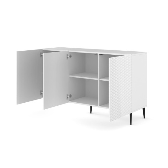 Комод RAVENNA PC 150 см, 3 двери, белый матовый с белым глянцем, чёрные металлические ножки Комод RAVENNA PC 150 см, 3 двери, белый матовый с белым глянцем, чёрные металлические ножки