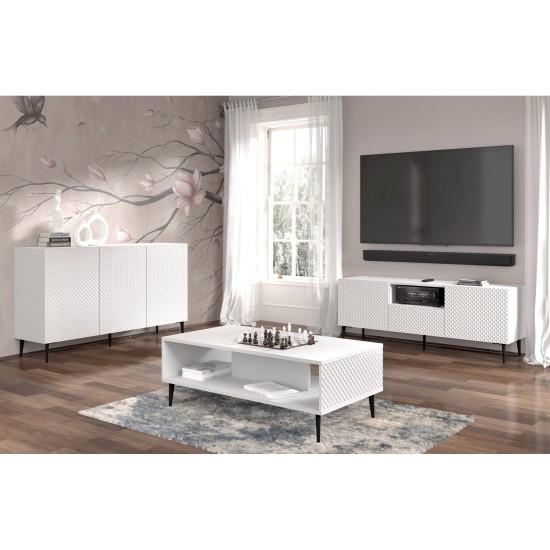 Coffee table RAVENNA PC 90 by 60 cm, white matt with white gloss, black metal legs