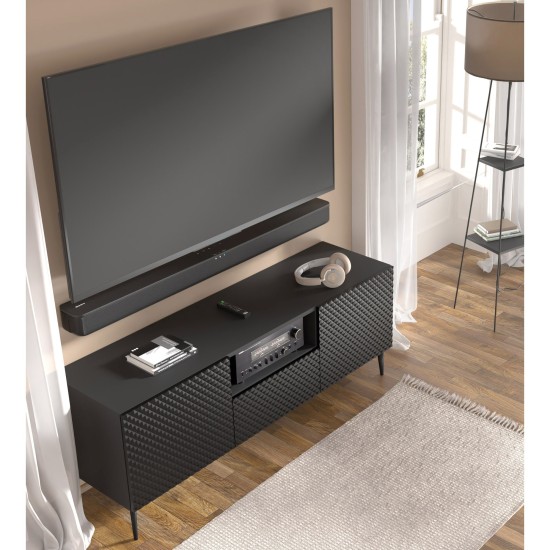 Тумба ТВ RAVENNA PC 150 см, 2 двери и ящик, чёрный матовый с чёрным глянцем, чёрные металлические ножки