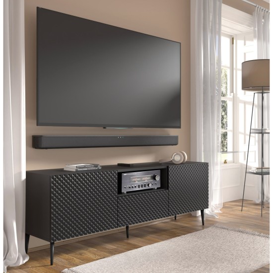 Тумба ТВ RAVENNA PC 150 см, 2 двери и ящик, чёрный матовый с чёрным глянцем, чёрные металлические ножки