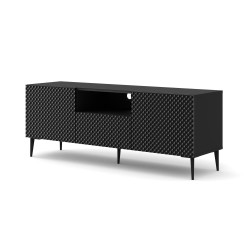 מזנון טלוויזיה RAVENNA PC 150, שתי דלתות ומגירה, שחור מט עם שחור מבריק, רגלי מתכת שחורות