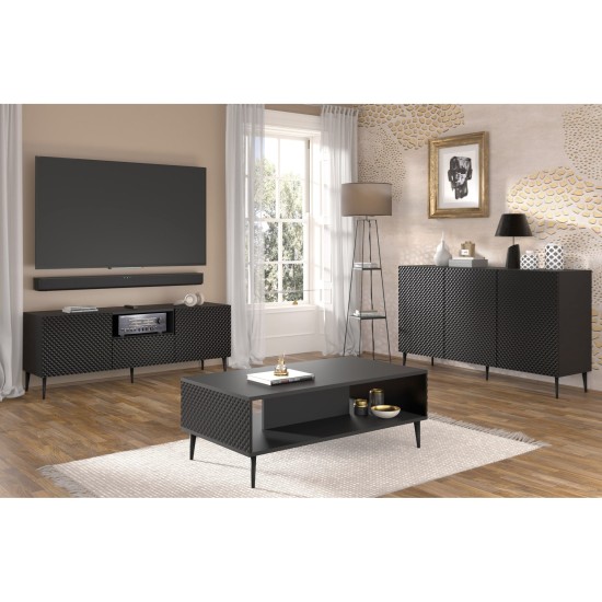 Тумба ТВ RAVENNA PC 150 см, 2 двери и ящик, чёрный матовый с чёрным глянцем, чёрные металлические ножки
