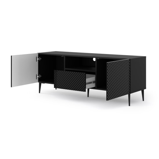Тумба ТВ RAVENNA PC 150 см, 2 двери и ящик, чёрный матовый с чёрным глянцем, чёрные металлические ножки