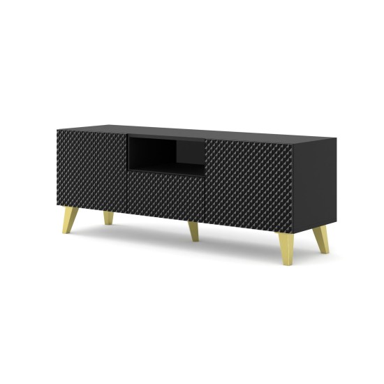 Тумба ТВ RAVENNA PC 150 см, 2 двери и ящик, чёрный матовый с чёрным глянцем, золотые ножки