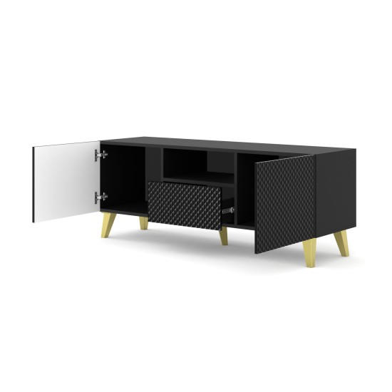 Тумба ТВ RAVENNA PC 150 см, 2 двери и ящик, чёрный матовый с чёрным глянцем, золотые ножки
