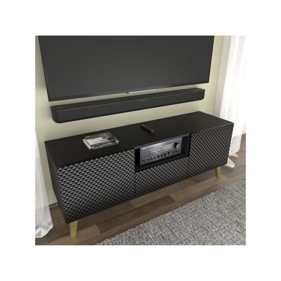 Тумба ТВ RAVENNA PC 150 см, 2 двери и ящик, чёрный матовый с чёрным глянцем, золотые ножки