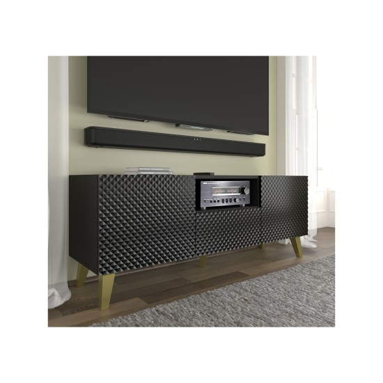 Тумба ТВ RAVENNA PC 150 см, 2 двери и ящик, чёрный матовый с чёрным глянцем, золотые ножки