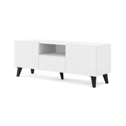 מזנון טלוויזיה RAVENNA PC 150, שתי דלתות ומגירה, לבן מט עם לבן מבריק, רגליים שחורות