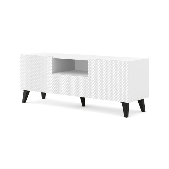 Тумба ТВ RAVENNA PC 150 см, 2 двери и ящик, белый матовый с белым глянцем, чёрные ножки