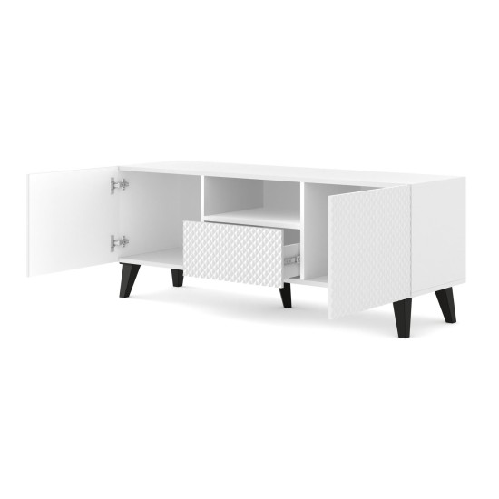 Тумба ТВ RAVENNA PC 150 см, 2 двери и ящик, белый матовый с белым глянцем, чёрные ножки