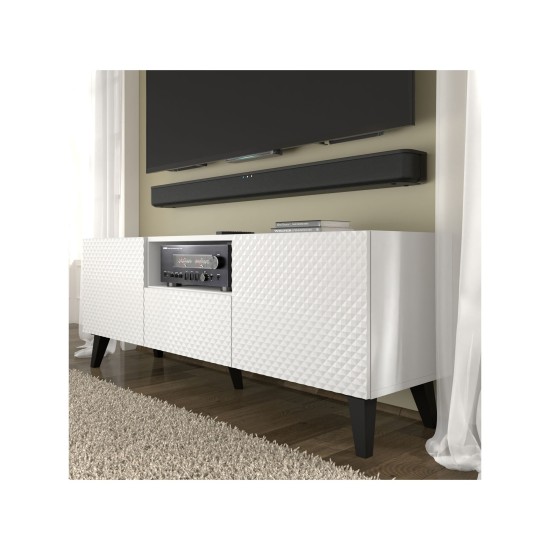 Тумба ТВ RAVENNA PC 150 см, 2 двери и ящик, белый матовый с белым глянцем, чёрные ножки