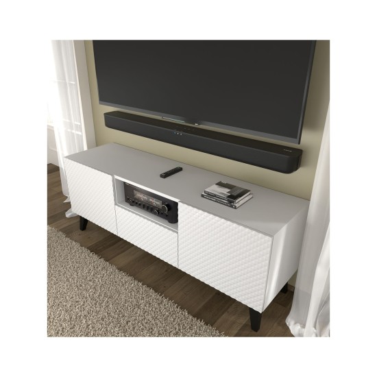 Тумба ТВ RAVENNA PC 150 см, 2 двери и ящик, белый матовый с белым глянцем, чёрные ножки