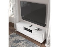 TV unit RAVENNA PC 150 cm, 2 doors and a drawer, white matt with white gloss, black metal legs