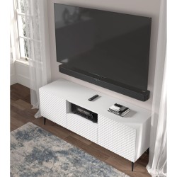 TV unit RAVENNA PC 150 cm, 2 doors and a drawer, white matt with white gloss, black metal legs TV unit RAVENNA PC 150 cm, 2 doors and a drawer, white matt with white gloss, black metal legs