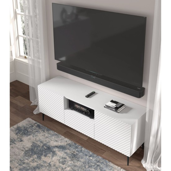 TV unit RAVENNA PC 150 cm, 2 doors and a drawer, white matt with white gloss, black metal legs