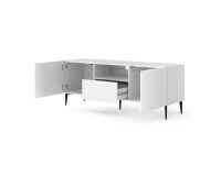 TV unit RAVENNA PC 150 cm, 2 doors and a drawer, white matt with white gloss, black metal legs