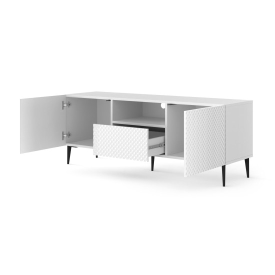 TV unit RAVENNA PC 150 cm, 2 doors and a drawer, white matt with white gloss, black metal legs