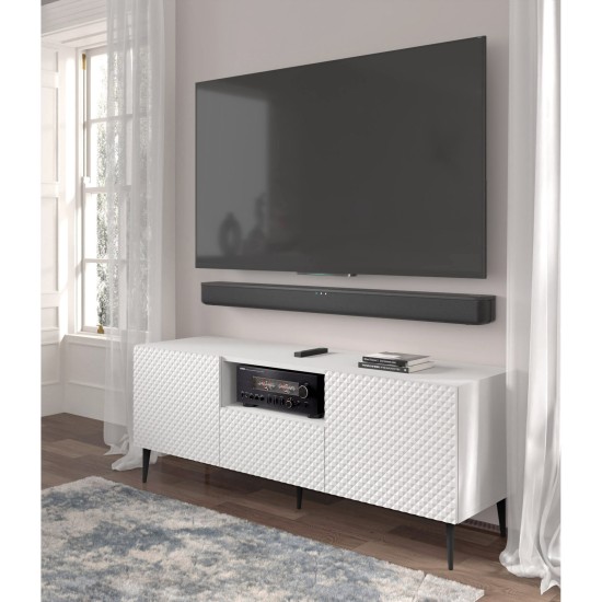 Тумба ТВ RAVENNA PC 150 см, 2 двери и ящик, белый матовый с белым глянцем, чёрные металлические ножки